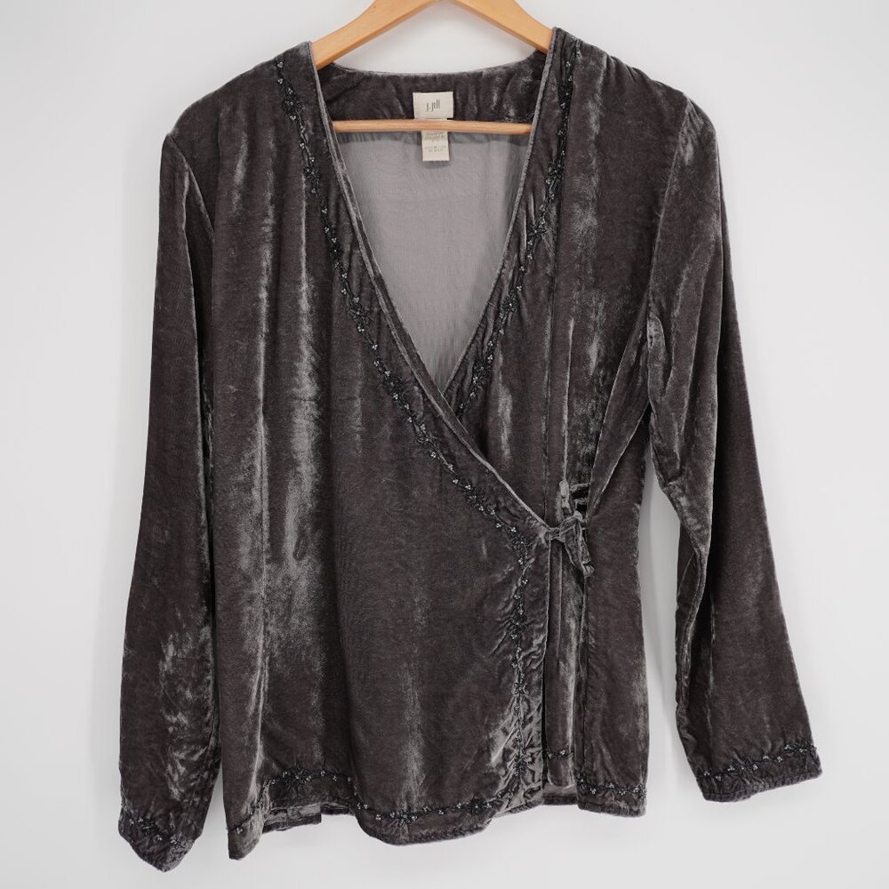 J Jill Velvet Wrap Tunic Top Sz 10 M Gray Beaded Whimsigoth Deep V Long Sleeve